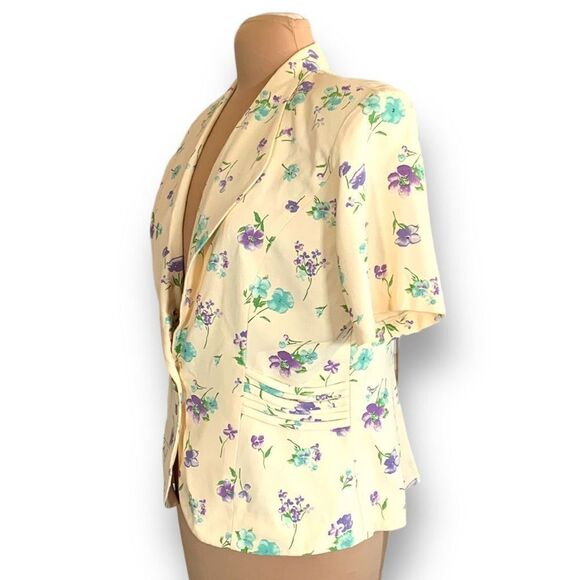 Vintage Blazer Pastel Butter Yellow Floral Detail Short Sleeve Structured Jacket - Picture 3 of 12